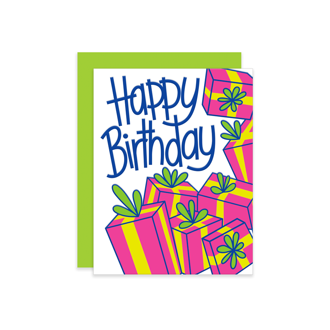 A digital image of a greeting card with the words Happy Birthday and an image of a bunch of gifts.