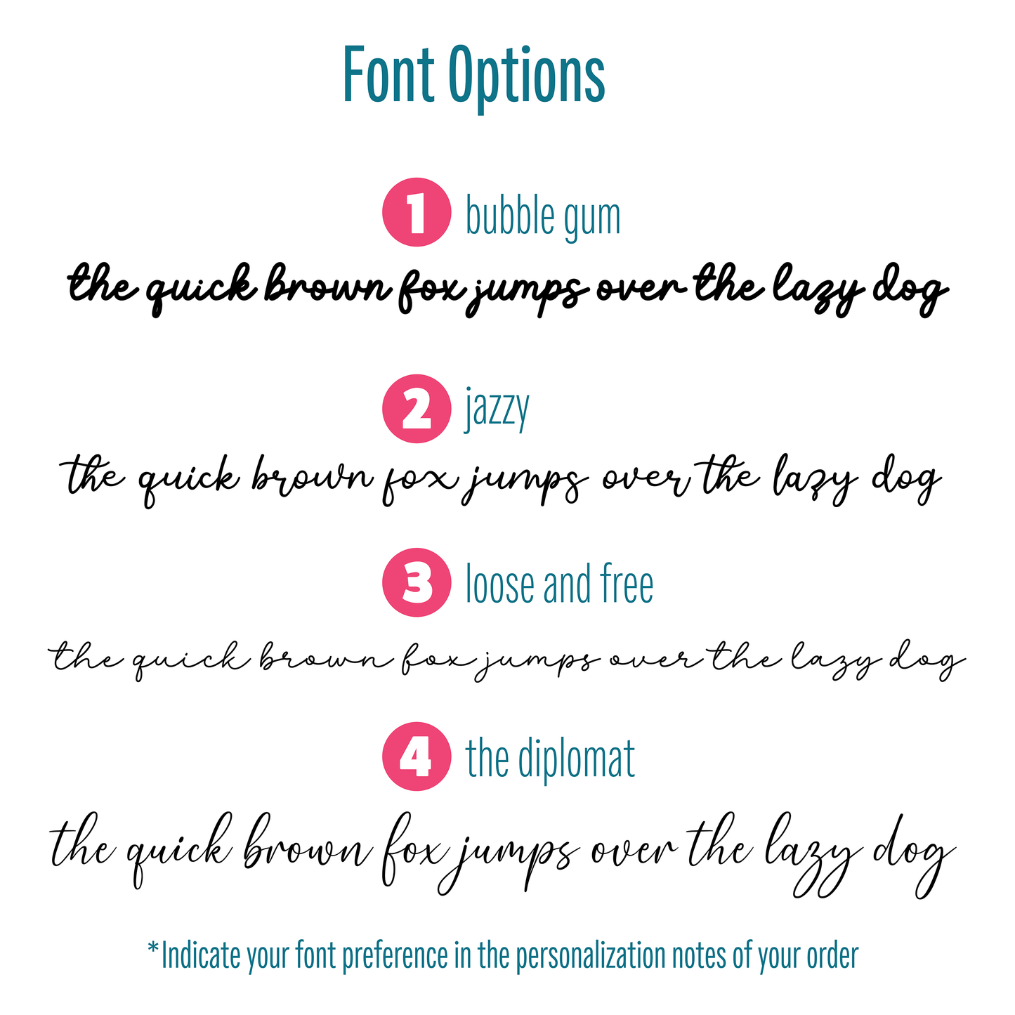 A digital image showing 4 font options for this product listing.