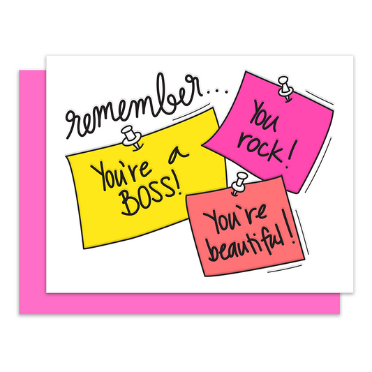 A digital image of a greeting card and envelope with the words remember you rock, you're beautiful and you're a boss. Each set of words is written on a sticky note design.