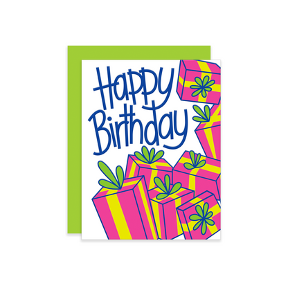 A digital  image of a greeting card with the words Happy Birthday and an image of a bunch of gifts. 