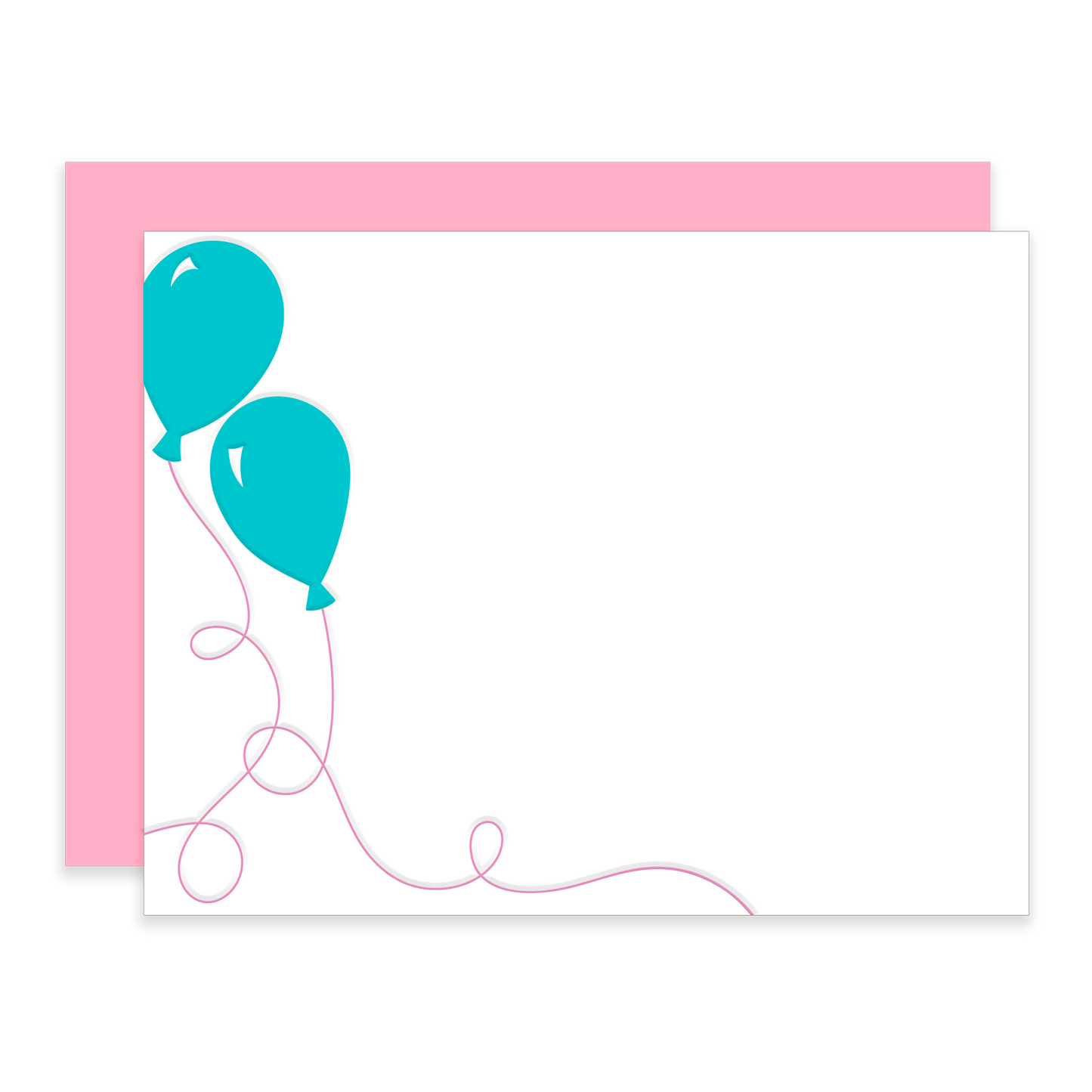Image of a Notecard with blue balloons with purple string and a pink envelope.